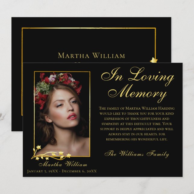 Gold Frame Funeral Photo Elegant Script Thank You  (Front/Back)