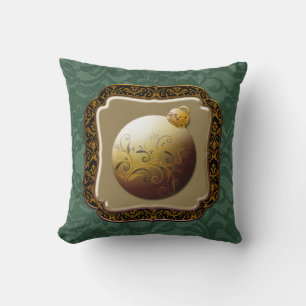 Gold Frame Glass Ornament Emerald Rose Faux Lace Throw Pillow