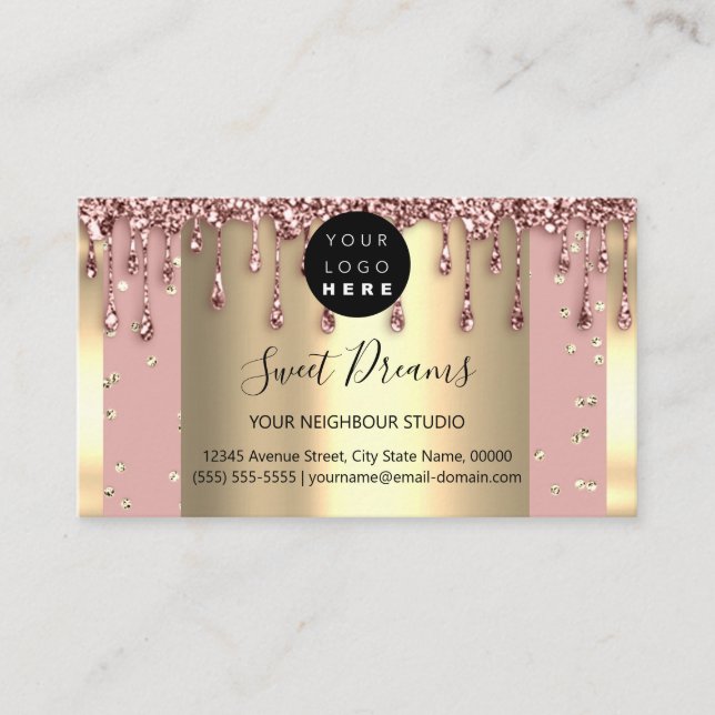 Gold Frame Glitter Confetti Rose Powder Drips Business Card (Front)