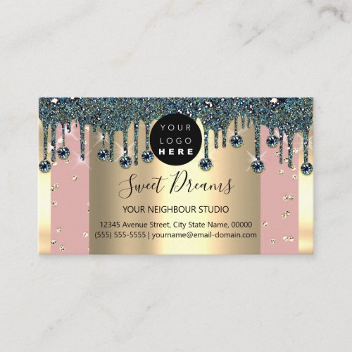 Gold Frame Glitter Confetti Rose Teal Drips Business Card