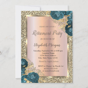 Gold Frame,Glitter Green Flowers Retirement Invitation