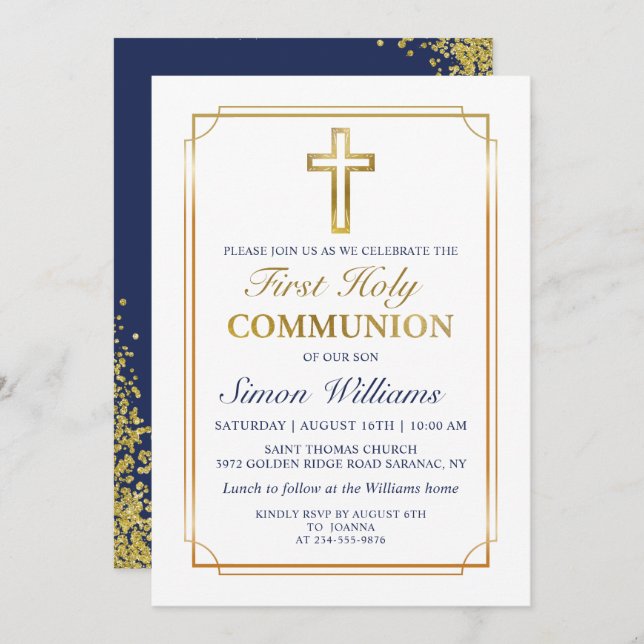 Gold Frame Glitter Navy Blue First Holy Communion Invitation (Front/Back)