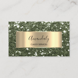 Gold Frame Glitter QRCode Logo Elegant Sage Green  Business Card