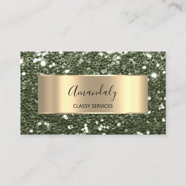 Gold Frame Glitter QRCode Logo Elegant Sage Green  Business Card (Front)