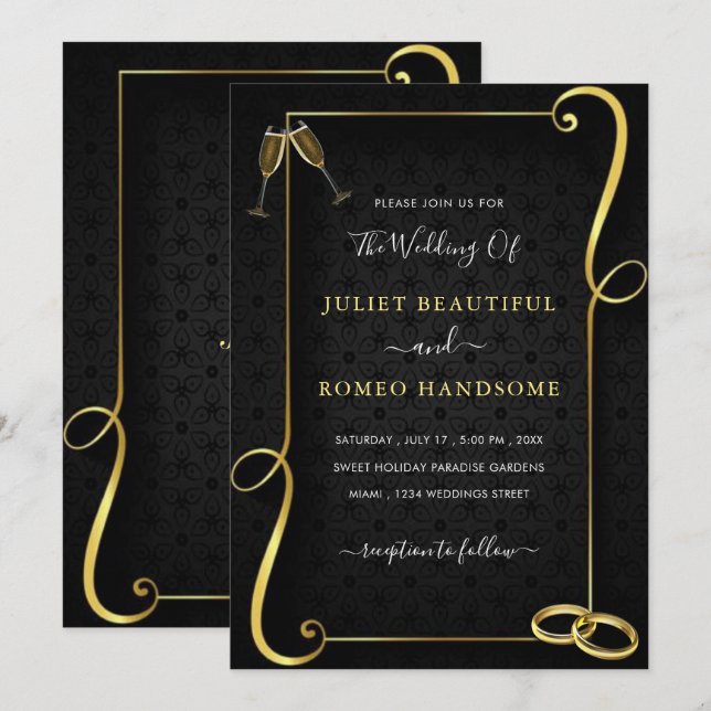 Gold Frame Golden Black Elegant Wedding Invitation (Front/Back)