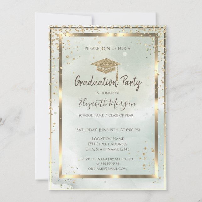  Gold Frame Grad Cap Watercolor Green Graduation  Invitation (Front)