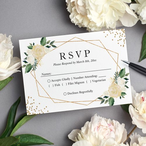 Gold Frame Green Ivory Floral Wedding Reply RSVP Card
