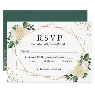 Gold Frame Green Ivory Floral Wedding RSVP Reply Card