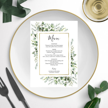 Gold Frame Greenery Eucalyptus Wedding Menu Invita Invitation
