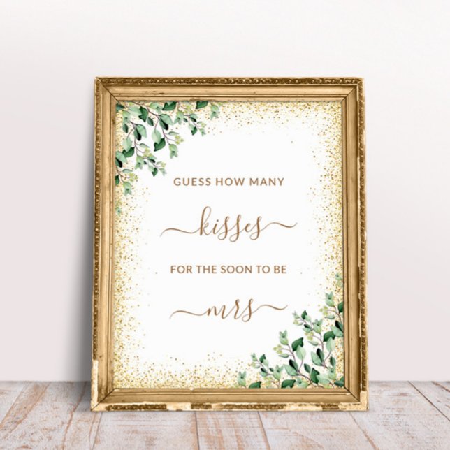 Gold Frame Greenery Leaves How Many Kisses Game Poster (Creator Uploaded)