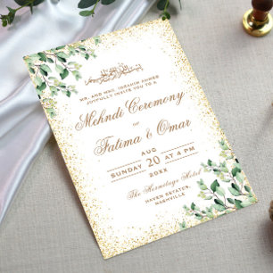 Gold Frame Greenery Leaves Islamic Mehndi Ceremony Invitation