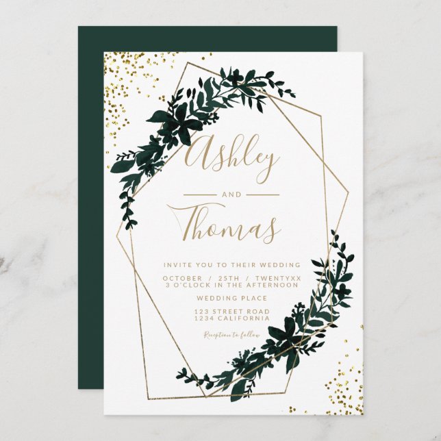 Gold frame greenery modern chic typography wedding invitation (Front/Back)
