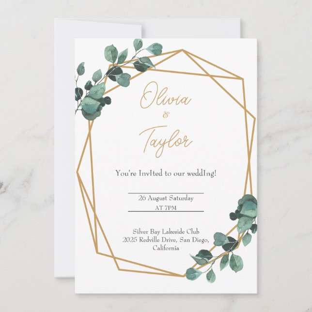 Gold Frame Greenery Modern Wedding Invitation (Front)