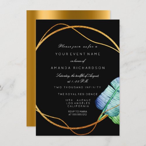 Gold Frame Greenery Monogram Tropical Black White Invitation