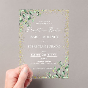Gold Frame Greenery Nuestra Boda Spanish Wedding Acrylic Invitations