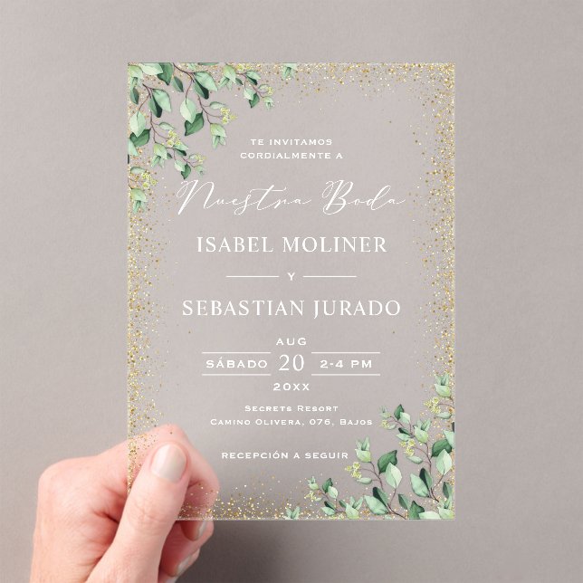 Gold Frame Greenery Nuestra Boda Spanish Wedding Acrylic Invitations (Insitu (Handheld))