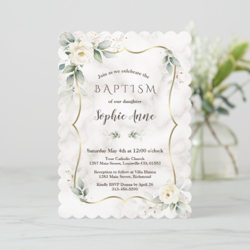 Gold Frame Greenery White Floral Marble Baptism  Invitation
