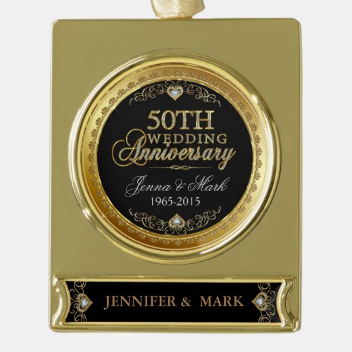 Gold Frame  Hearths 50th Wedding Anniversary 2 Gold Plated Banner Ornament