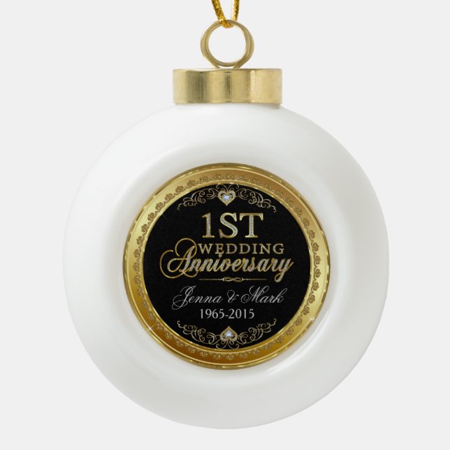 Gold Frame & Hearts First Wedding Anniversary Ceramic Ball Christmas Ornament (Front)