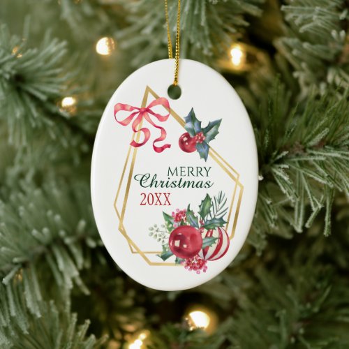 Gold Frame Holiday Bouquet Red Ribbon Personalized Ceramic Ornament
