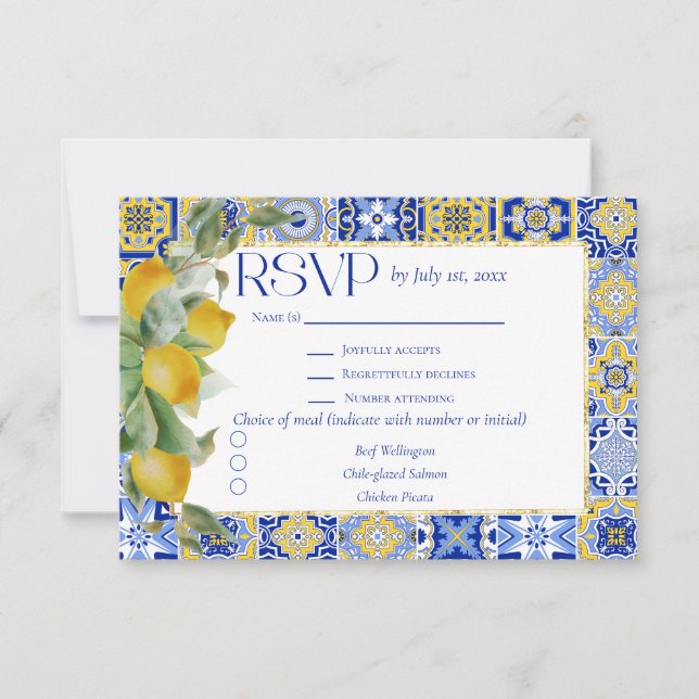 Gold Frame Italian Blue Tile Lemon Meal Wedding RSVP Card (Front)