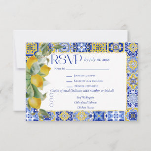 Gold Frame Italian Blue Tile Lemon Meal Wedding RSVP Card