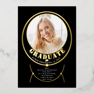 Gold frame jewelry inspired black graduation photo foil invitation