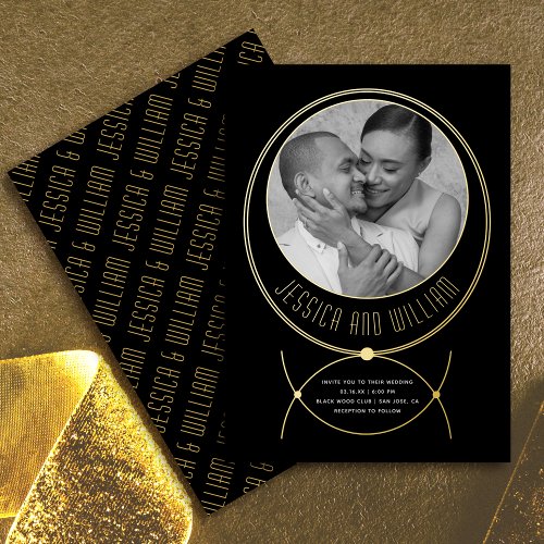 Gold frame jewelry inspired wedding photo foil invitation