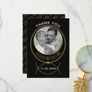 Gold frame jewelry inspired wedding photo thank you card