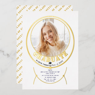 Gold frame jewelry inspired white graduation photo foil invitation