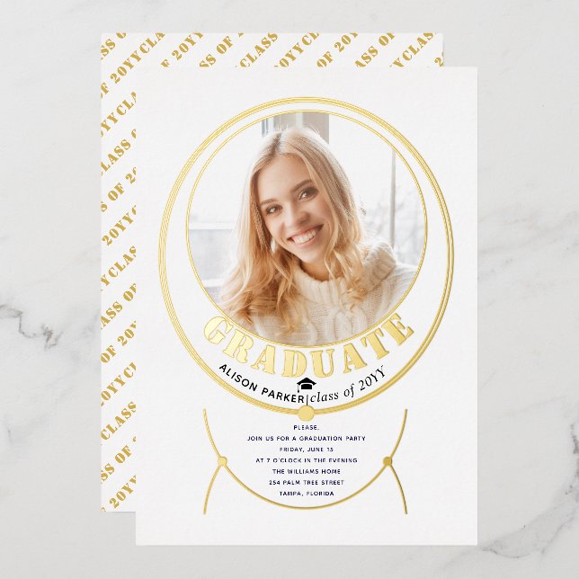 Gold frame jewelry inspired white graduation photo foil invitation (Front/Back)
