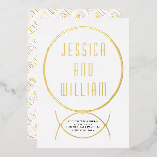 Gold frame jewelry inspired white wedding foil invitation