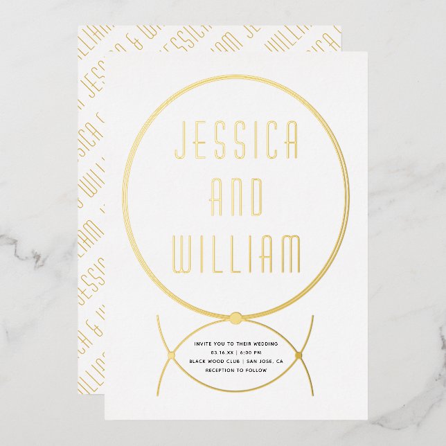 Gold frame jewelry inspired white wedding foil invitation (Front/Back)