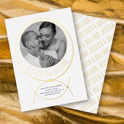 Gold frame jewelry inspired white wedding photo foil invitation