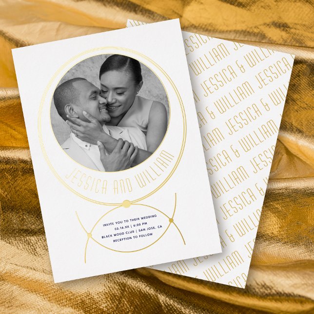 Gold frame jewelry inspired white wedding photo foil invitation (Creator Uploaded)