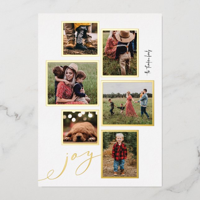 Gold Frame Joy Script Multi-Photo Holiday Card (Front)