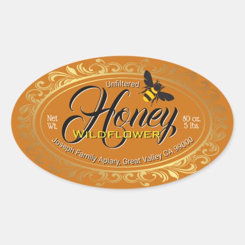 Gold Frame Light Amber Honey Jar Oval Sticker