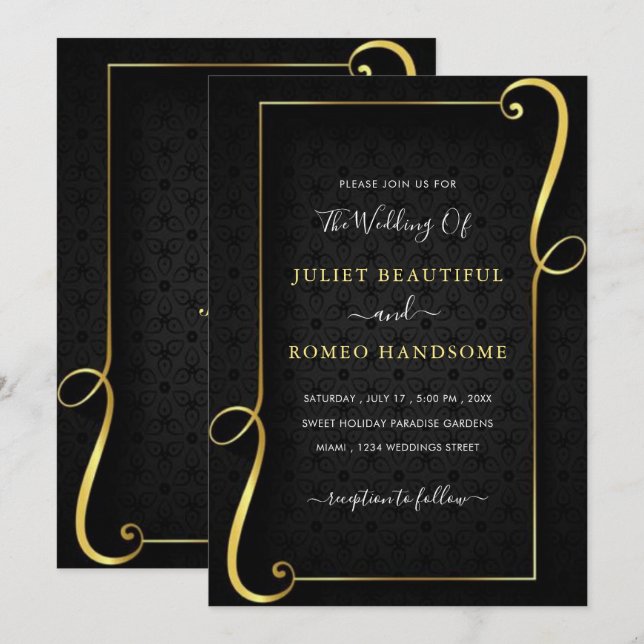 Gold Frame Luxury Golden Black Wedding Invitation (Front/Back)