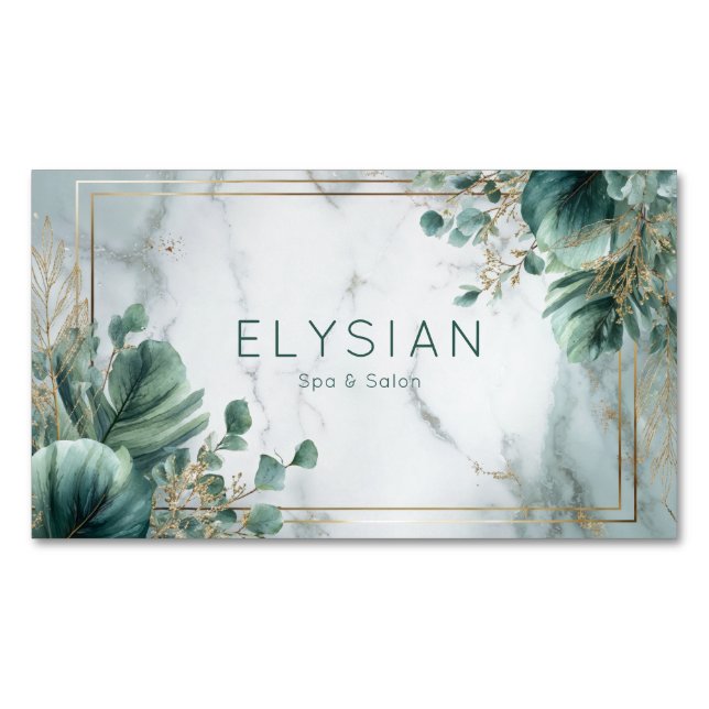 Gold Frame Marble Green Eucalyptus Botanical Business Card Magnet (Front)