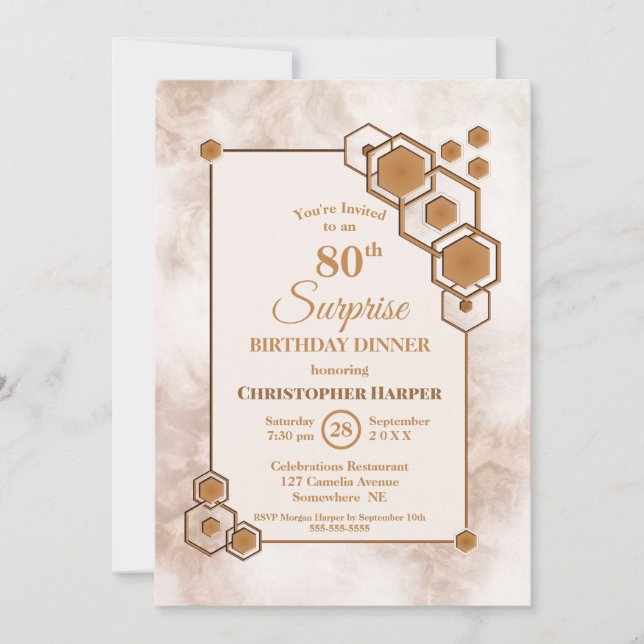 Gold Frame Marble Surprise 80th Birthday Dinner Invitation (Front)