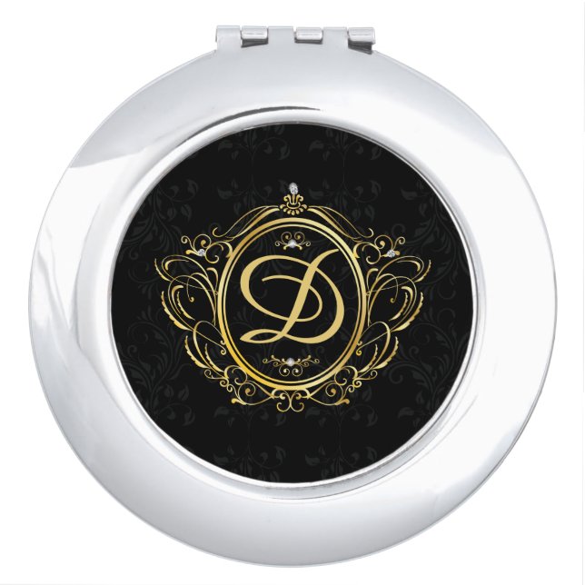Gold Frame Monogram Black damask background Compact Mirror (Front)