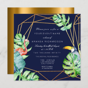 Gold Frame Monstera Flamingo Tropical Bridal Navy Invitation
