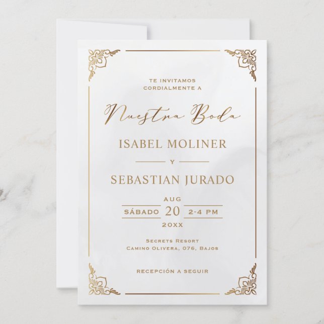Gold Frame Motif Nuestra Boda Spanish Wedding Invitation