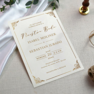 Gold Frame Motif Nuestra Boda Spanish Wedding Invitation