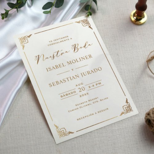 Gold Frame Motif Nuestra Boda Spanish Wedding Invitation