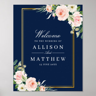 gold frame navy and blush wedding welcome sign