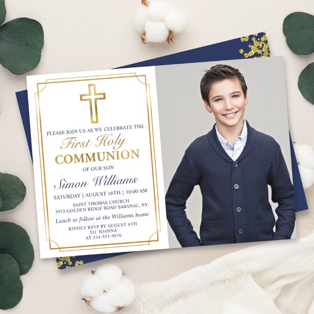 Gold Frame Navy Blue First Holy Communion Photo Invitation (Creator Uploaded)