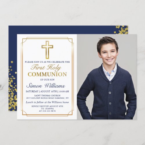 Gold Frame Navy Blue First Holy Communion Photo Invitation