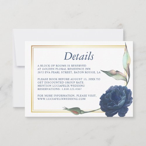 Gold Frame Navy Blue Rose Wedding Detail card