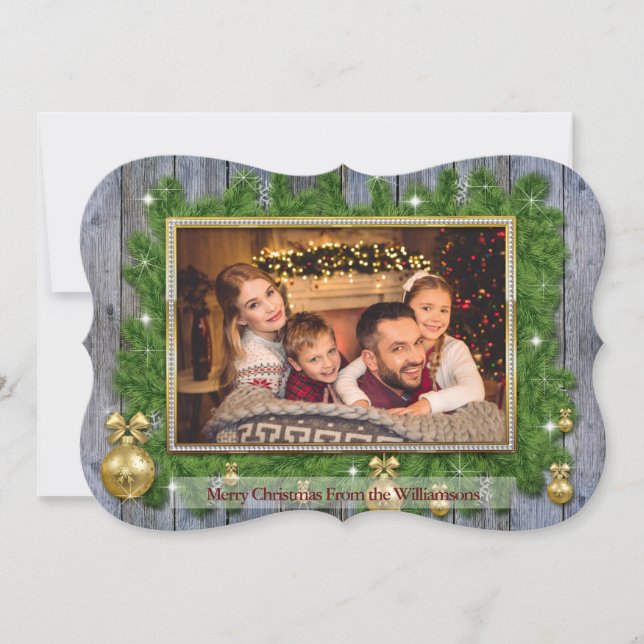 Gold Frame on Pine Weathered Wood Fancy Cut Photo Holiday Card (Front)